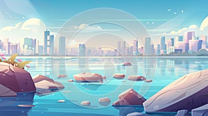 Modern map of a lake with city skylines on the horizon. Modern parallax background. Cartoon illustration of stones in