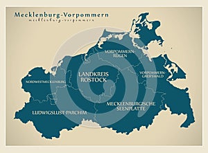 Modern Map - Mecklenburg Western Pomerania map with counties and labels