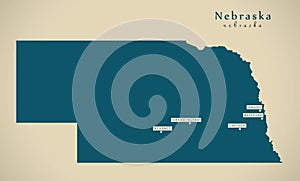 Modern Map - Nebraska USA illustration silhouette