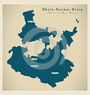 Modern Map - Rhein-Neckar-Kreis county of Baden Wuerttemberg DE