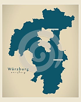 Modern Map - Wuerzburg county of Bavaria DE