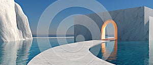 Modern marble archway over tranquil blue water