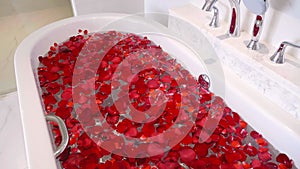 Modern Marble Bathroom with Bath Filled Red Flowers Petals for Relax