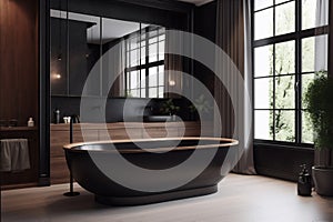 modern marble home luxury bathroom interior bathtub black wood design furniture. Generative AI.