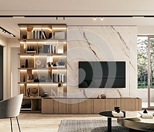 Modern marble TV wall with bookshelf. Home interior design.