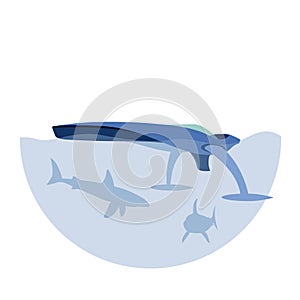 Modern marine speed jet boat with hydrofoils, underwater shark silhouettes