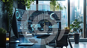 A modern marketers office with multiple computer screens displaying AI algorithms analyzing user behavior and optimizing