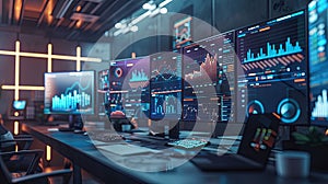 A modern marketers office with multiple screens displaying AI algorithms analyzing user behavior and optimizing ad