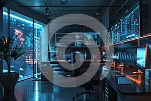 A modern marketers office with multiple screens displaying AI algorithms analyzing user behavior and optimizing ad