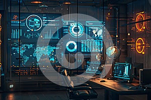 A modern marketers office with multiple screens displaying AI algorithms analyzing user behavior and optimizing ad