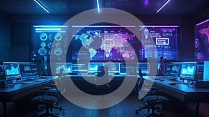 A modern marketers office with multiple screens displaying AI algorithms analyzing user behavior and optimizing ad