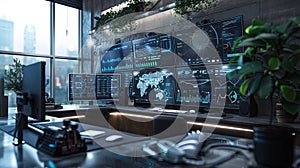 A modern marketers office with multiple screens displaying AI algorithms analyzing user behavior and optimizing ad