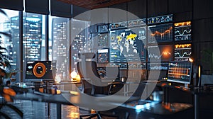 A modern marketers office with multiple screens displaying data visualizations and AI algorithms analyzing user behavior