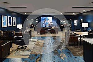 Modern marketing lounge, immersive digital screens, cool blue tones, bird\'s-eye view