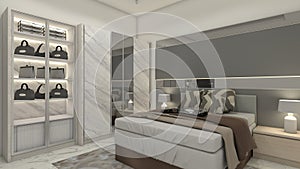 Modern Master Bedroom Design with Headboard Panel and Clothes Wardrobe