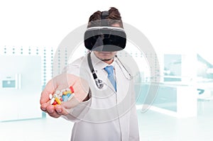 Modern medic holding pills and vitamins in hand