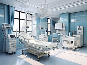 A modern medical bed and a special device in a modern intensive care unit. Generated by AI
