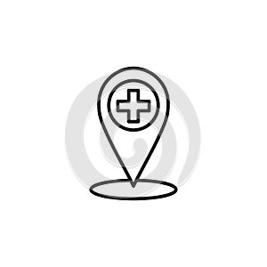 Modern medical line icon of GEO position. Outline clinic logo for polyclinics.