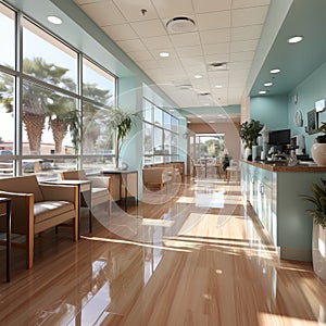 Modern medical office with comfortable couches and chairs. Reception of patients.