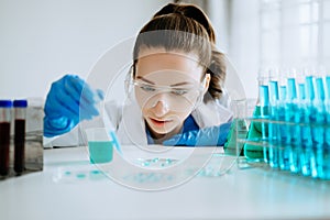 Modern medical research laboratory. female scientist working with micro pipettes analyzing biochemical samples, advanced science