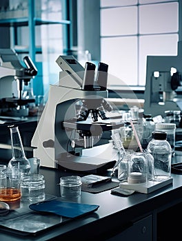 Modern medical research laboratory with a microscope. A lab filled with lots of bottles and microscopes