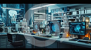 Modern Medical Research Laboratory with Microscope and Test Tubes with Biochemicals on the Desk. Scientific Lab