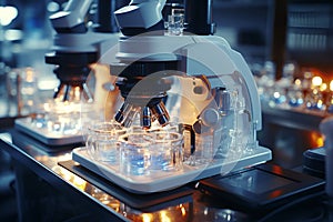 Modern medical research laboratory with microscopes and test tubes