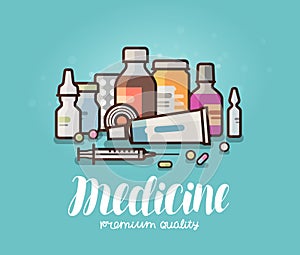 Modern medicine, pharmacy banner. Medication, pills, bottles, pharmaceutics concept. Cartoon vector illustration photo