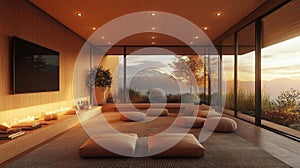 Modern Meditation Room with Sunset Mountain View