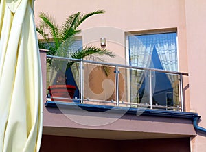 modern Mediterranean style roof terrace. glass balustrade. stainless steel railing. potted green palm tree