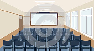 Modern meeting conference presentation room interior with blue chairs and blank screen lecture seminar hall large