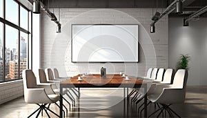 Modern meeting conference room with blank mockup board on wall. Interior of modern office meeting room, large conference