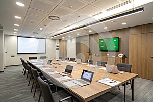Modern Meeting Room with Conference Table and Green Chroma Key Screen photo