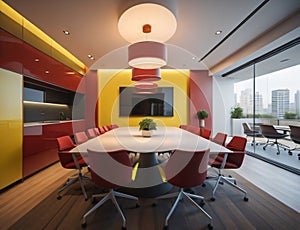 modern meeting room design with red walls and chairs, equipped with glass walls, generative ai