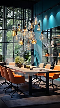 Modern Meeting Room: Glass Walls, Blue Carpet, and Pendant Lights