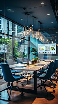 Modern Meeting Room: Glass Walls, Blue Carpet, and Pendant Lights