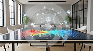 Modern meeting room with holographic network and data visualization on smart table