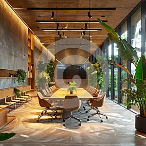 modern meeting room incorporating biophilic design, natural light and plants photo