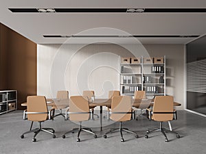 Modern meeting room interior with armchairs and board, shelf with documents