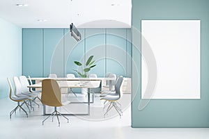 Modern meeting room interior with blank white mock up banner on wall, furniture and panoramic window with city view. 3D