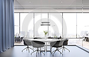 Modern meeting room interior with curtains, window and city view. Corporate concept.