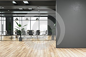 Modern meeting room interior with empty mock up place on wall, panoramic windows and city view, wooden flooring. 3D