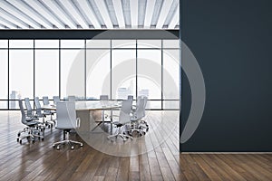 Modern meeting room interior with mock up place on wall, reflections on wooden parquet flooring and panoramic window with city