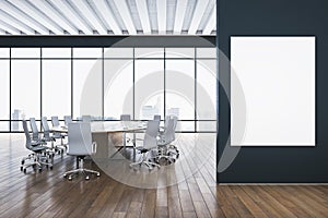 Modern meeting room interior with mock up poster on wall, reflections on wooden parquet flooring and panoramic window with city