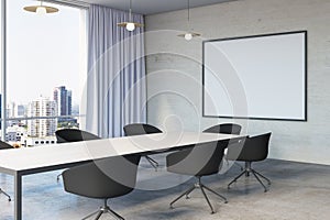 Modern meeting room office interior with table, armchairs, window with city view, curtains and mock up banner on wall. 3D