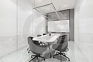 Modern meeting room with whiteboard.