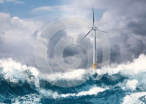 Modern mega offshore wind turbine in rough stormy sea