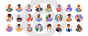 Modern men, circle avatars set. Male characters faces, head portraits. Different fashion trendy guys, cool creative user