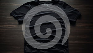 Modern men t shirt design on wooden table, black color simplicity generated by AI