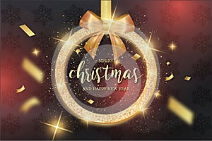 modern merry christmas card with gold ribbon vector illustration